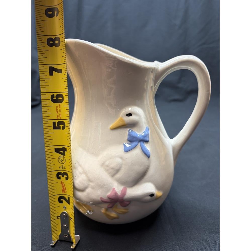 Vintage Otagiri Bowed Goose Pitcher Hand Painted White Geese 1983 Ceramic - Picture 13 of 14